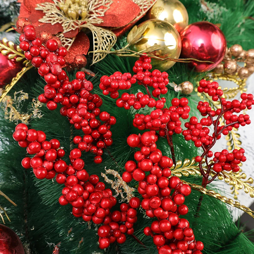 Description Picture 6 of item12/1Pcs Christmas Red Berries Artificial Fruit Holly Berry Stamen Bouquet For Christmas Wedding Party Decoration Home DIY Crafts