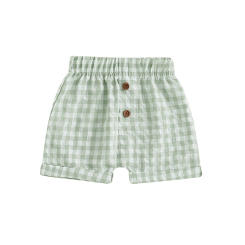 Toddler Boy Girl Shorts Plaid Print Hemming Legs Button Elastic Waistband Short Pants