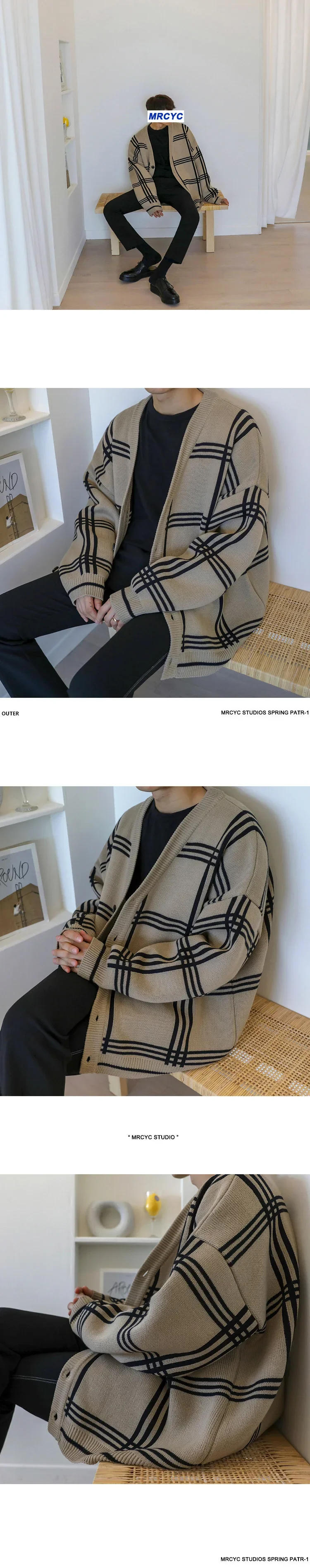 Description Picture 5 of item2023 Winter New Cardigans Sweater for Men Retro Loose Casual Korean Fashion V-neck Plaid Line Cardigan Knitted Sweater Men Coats