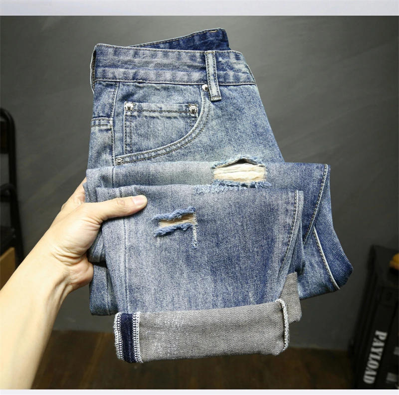 Description Picture 6 of itemRipped Jeans Men Light Blue Ankle Length Pants Harem Broken Distressed Baggy Pants Loose Fit Original Taper Jeans Mens Clothing