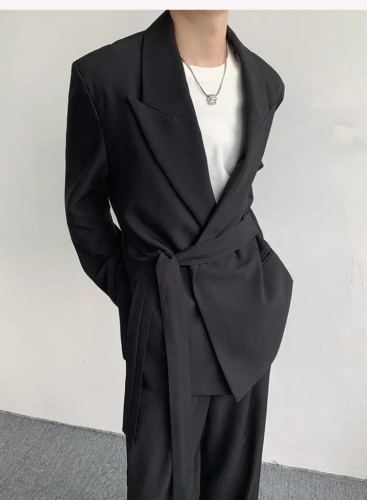 Description Picture 5 of itemTrendy Men's Blazers Korean Style Waist Lace-up Suit Jacket Solid Color Lapel 2023 Spring New Fashion Male Clothing 9A7638