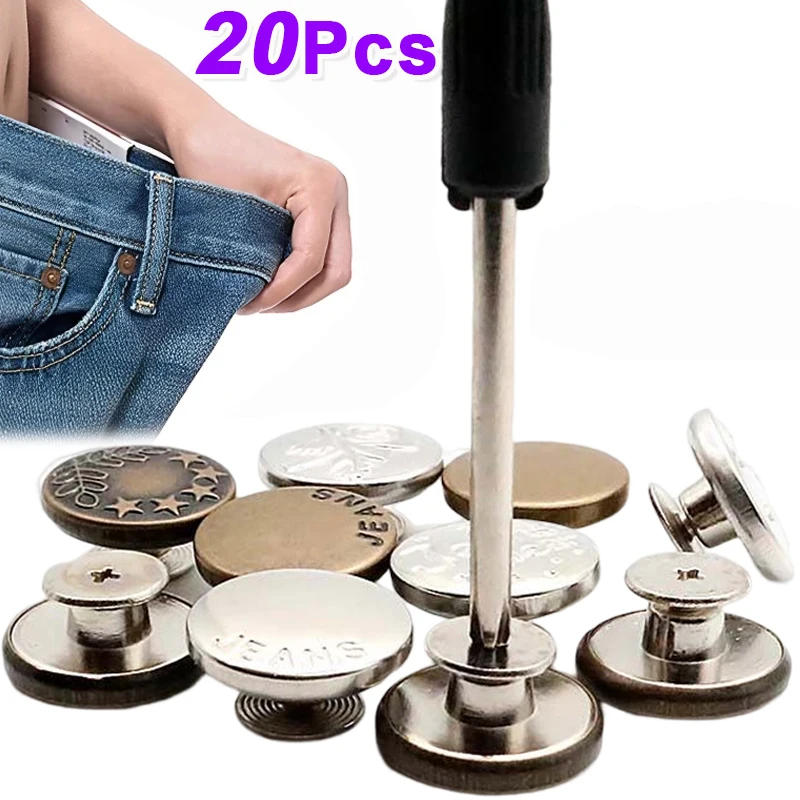 Description Picture 3 of item20/10Pcs Detachable Jeans Buttons Adjustable Waist Retro Metal Button No Sewing Pants Buckles Screw Nail Repair Kit Send Tools