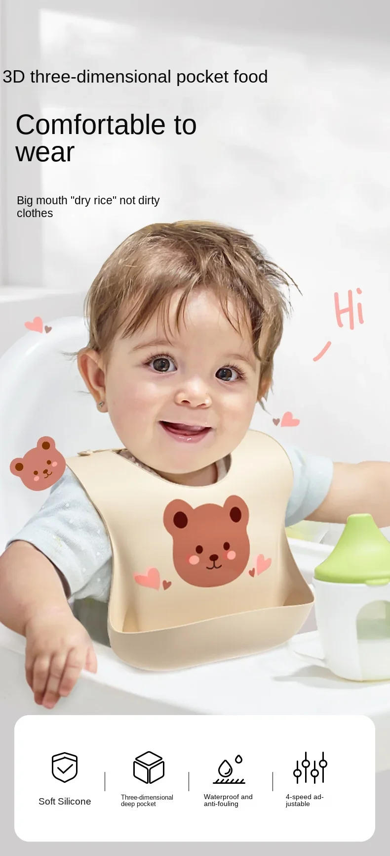 Description Picture 2 of itemWaterproof Soft Silicone Baby Bib Scarf Cartoon Bear Cute Print Adjustable Bibs Burp Cloths Baby Feeding Aprons Kids Eating