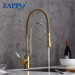 ZAPPO Gold and Chrome Kitchen Sink Faucet High Arc 360 Swiveling Faucets Dual-Mode Pull-Down Sprayer with Porcelain Handle Mixer
