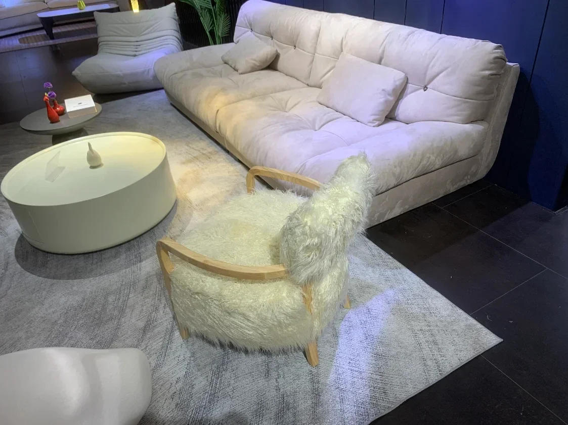 Description Picture 4 of itemNordic Fabric Living Room Chairs Home Furniture Wooden Lounge Chairs Light Luxury Creative Living Room Back Armchair with Pedal