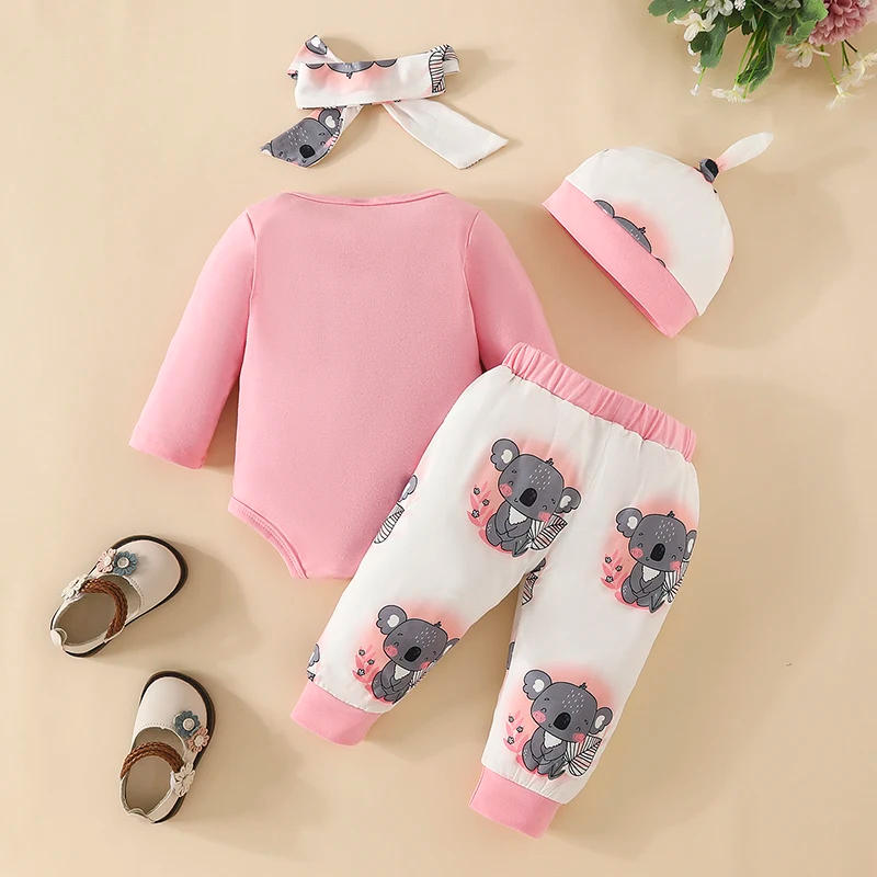 Description Picture 3 of itemBaby Girls 4PCS Pants Sets Pink Long Sleeve Romper Koala Print Pants Headband Hat Sets