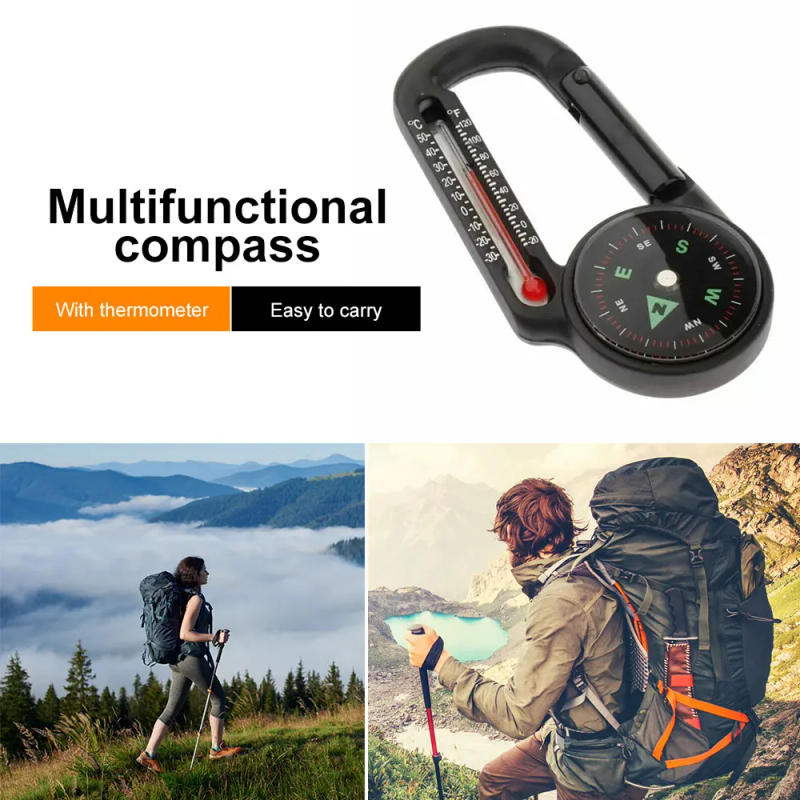 Description Picture 3 of itemCompass Hiking Backpacking Accessories Outdoor Camping Mountaineering Buckle Mini Compass Carabiner Keychain Thermometer