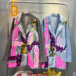 Hand Painted Heavy Sequined Denim Suit Coat Spring Mid Length Blazers Jacket Turn Down Collar Jeans Cardigan Loose Cowboy Tops
