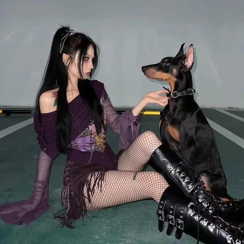 Description Picture 6 of itemLong Sleeve Shirts For Women Fashion Patchwork Streetwear Casual Flare Sleeve Y2k Top Creativity Skew Collar Women Clothing