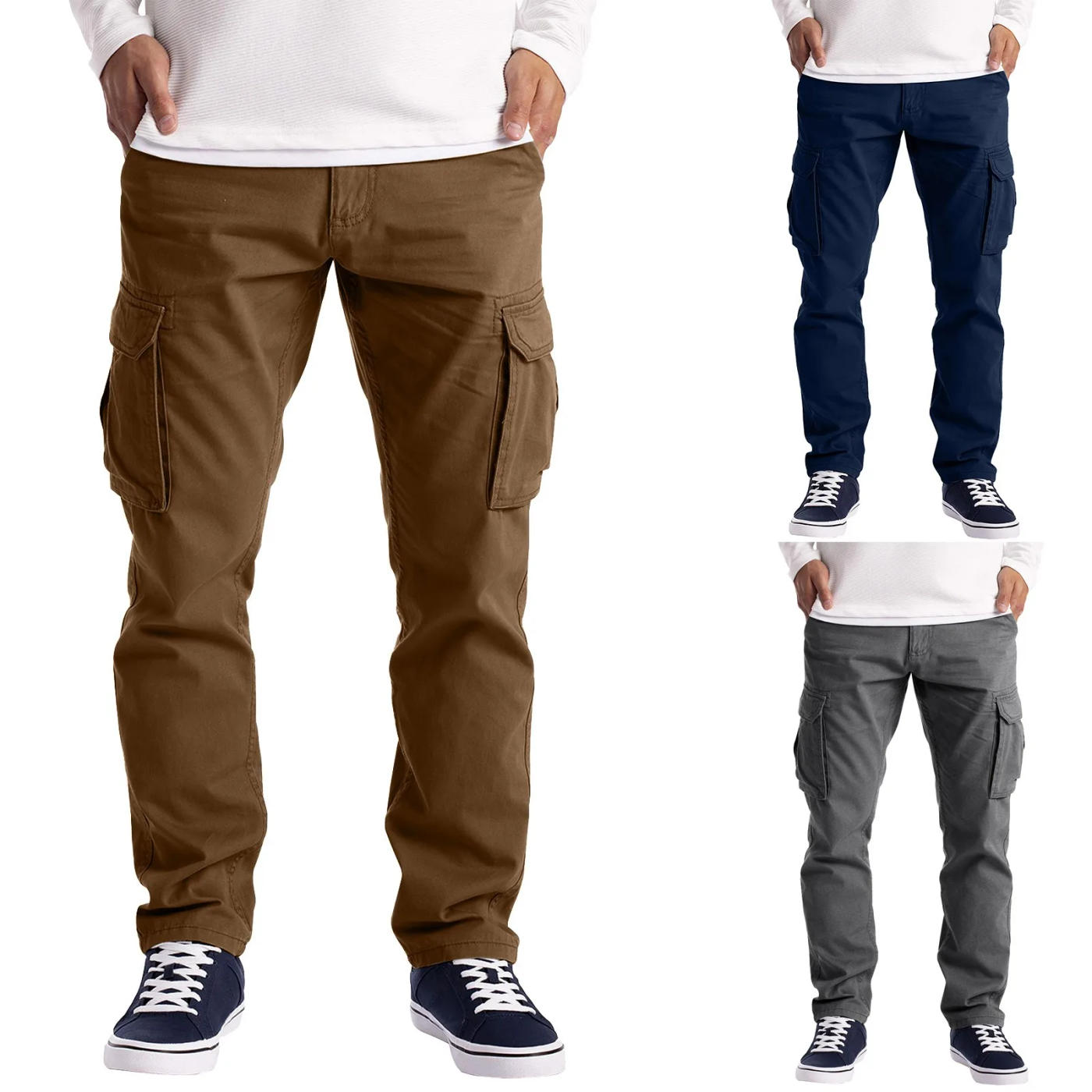 Description Picture 2 of itemMen's Summer Autumn Large Size Casual Trousers Loose Solid Colour Multi Pocket Cargo Pants Simple Straight Leg Overalls Trousers