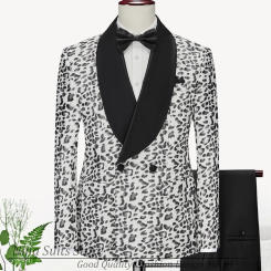 Gwenhwyfar Black & White Leopard Printed Men Tuxedos Tailor-made Double Breasted Shawl Lapel Blazer Pants Vest Fashion Show Suit