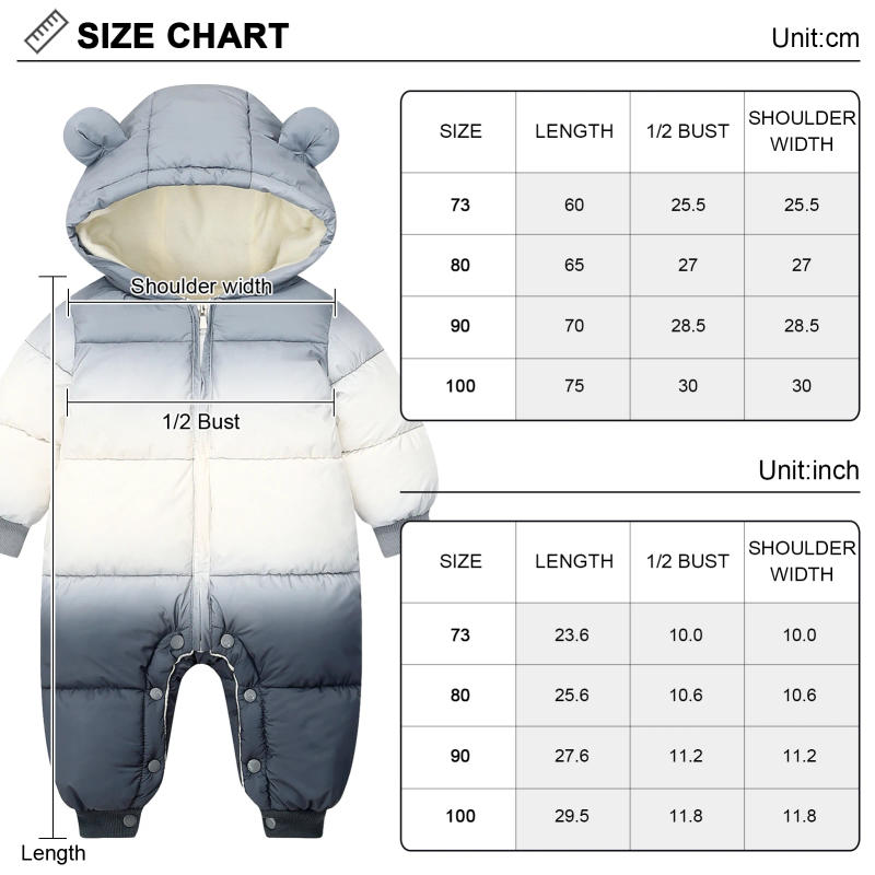 Description Picture 2 of itemChildren's Snowsuits,Down Cotton Babes Rompers,Warm Girls Boys Hood Gradient Jumpsuits,Toddler Kids Winter Fleece Overalls