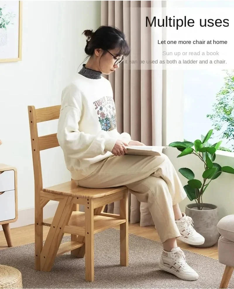 Description Picture 3 of itemSolid Wood Step Stools Multifunctional Folding Step Ladders Living Room Backrest Chairs Portable Ladder Stool Modern Furnitures