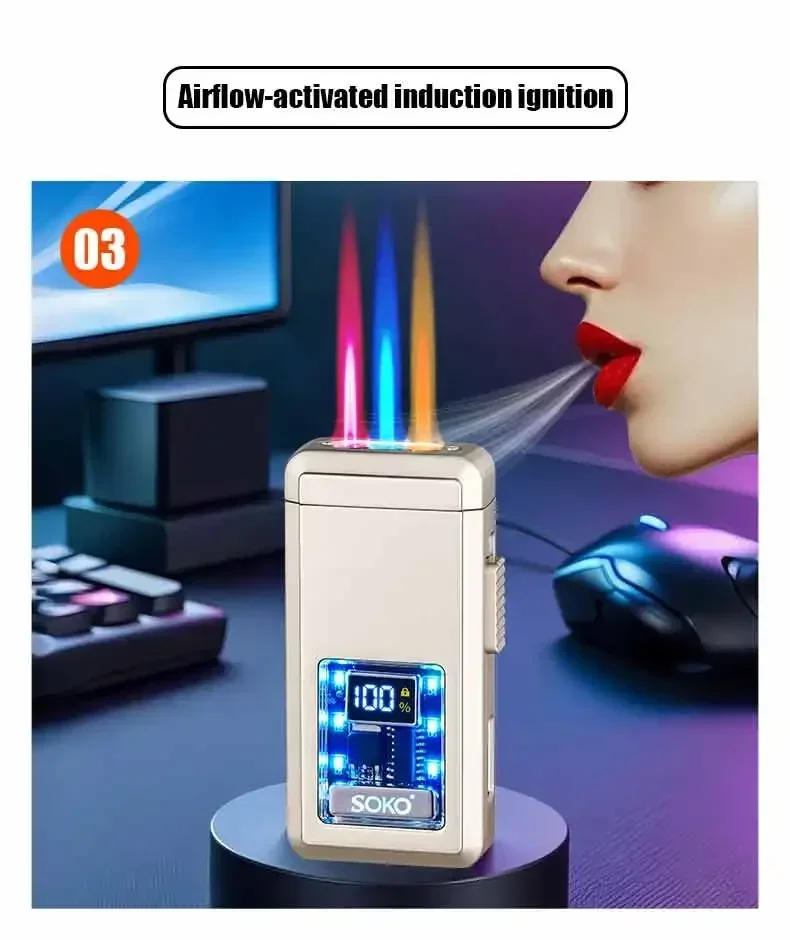 Description Picture 6 of itemNew High Beauty Voice Controlled LED Lighter Three-Color Flame Counting Transparent Visual Movement Inflatable Windproof Lighter