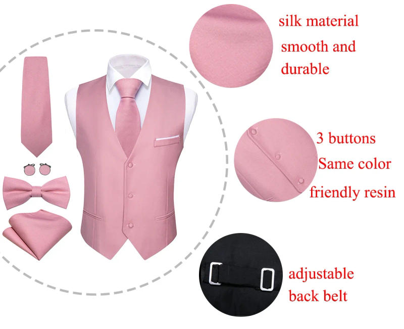 Description Picture 3 of itemElegant custom Vest for Men Pink Solid Satin Waistcoat Tie Bowtie Hanky Set Sleeveless Jacket Wedding Formal Male Gilet Suit