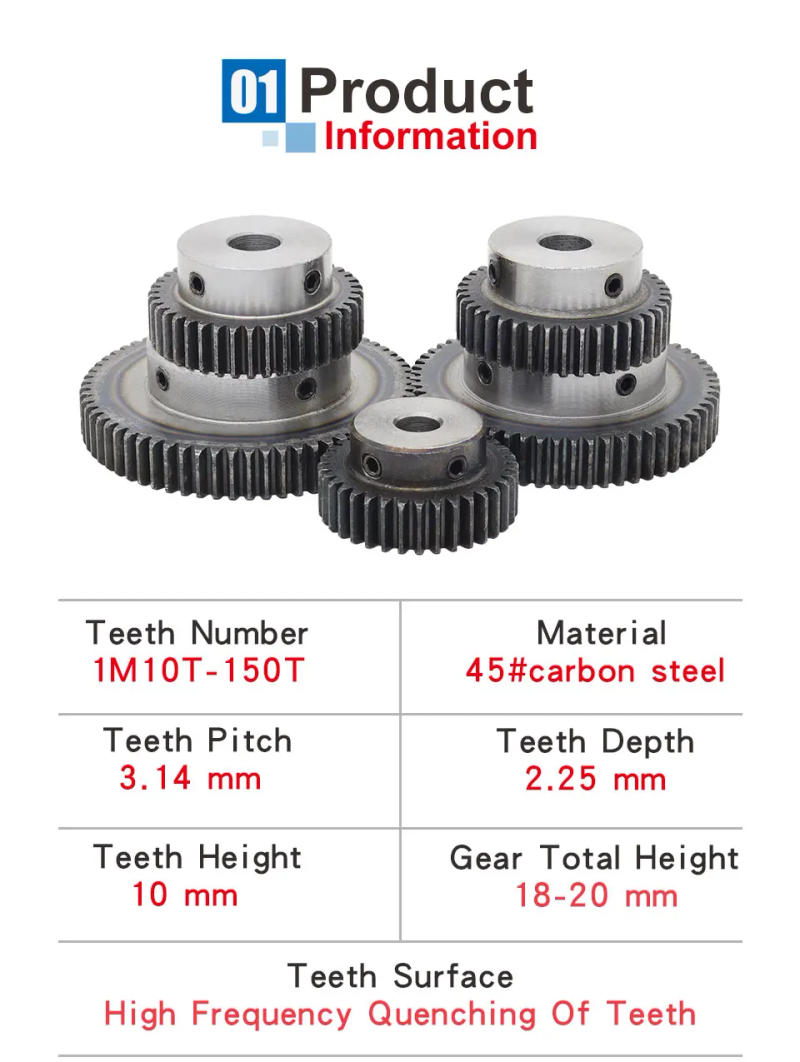 Description Picture 3 of item1 Piece 1M60T Spur Gear Bore Size  6 / 8 / 10 / 12  mm Motor Gear Low Carbon Steel Material High Quality Metal Gear For Motor