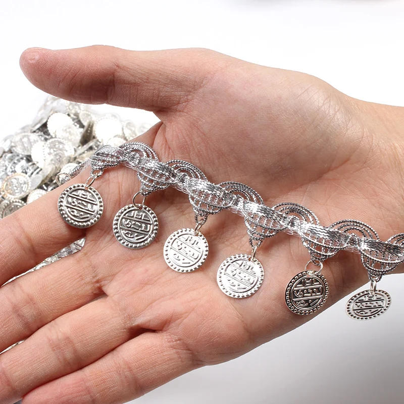 Description Picture 2 of item2yards Gold Silver Lace Fringe Sequins Paillette Tassel Ribbon DIY Stage Performance Clothes Wedding Party Dress Sewing Fabric