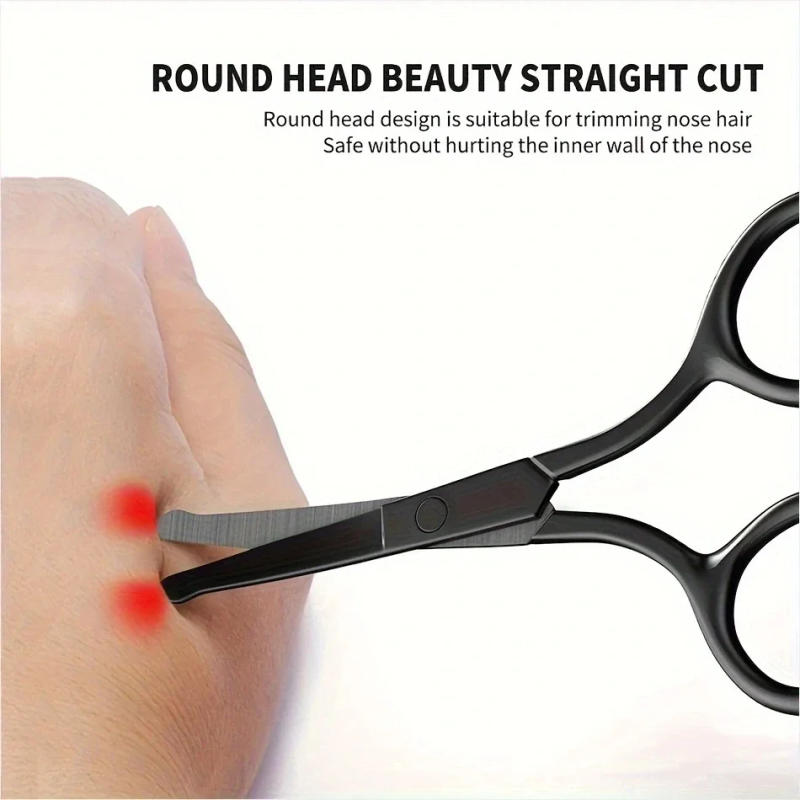 Description Picture 3 of item1PC Silver Mirror Light Black Round Head Safety Nose Hair Scissors Neutral Stainless Steel Scissors