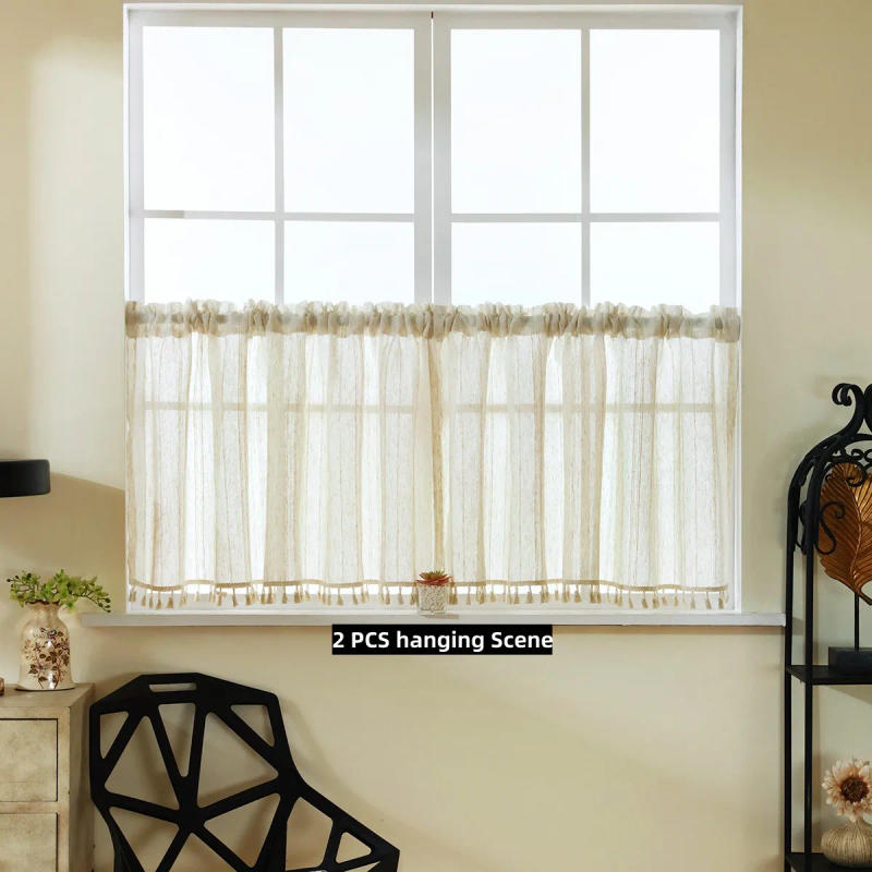 Description Picture 5 of item1pc White Line Fabric Curtain Valance for Living Room,Rod Pocket,Classic Stripe Short Curtain for Window,Door and Cabinet Decor