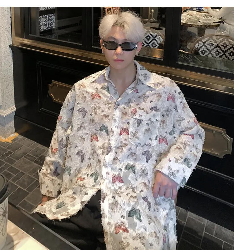 Description Picture 4 of itemMen Butterfly Translucent Loose Casual Long Sleeve Vintage Shirts Women Sunscreen Blouses Korean Streetwear Party Dress Shirts