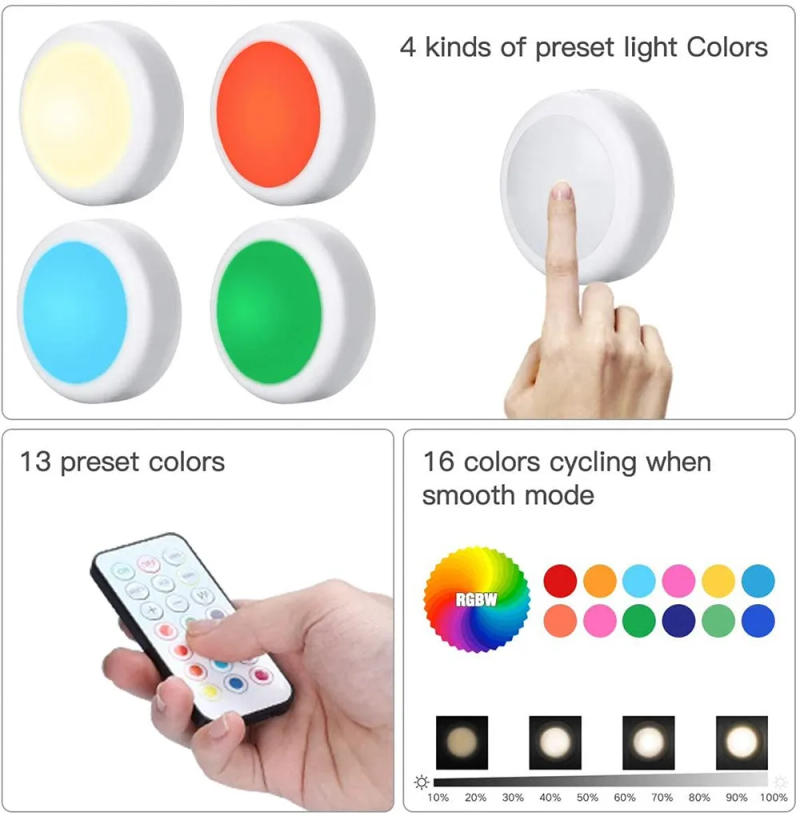 Description Picture 4 of item3/6Pack RGBW USB Charge LED Puck Lights 16 Colors Dimmable Wireless Under Cabinet Lights For Shelf Kitchen Closet Night Lamp