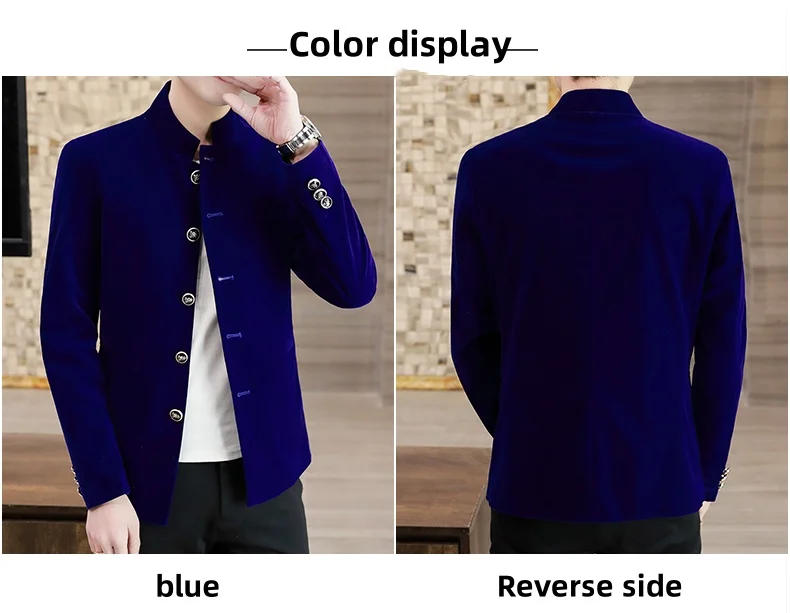 Description Picture 5 of itemCoat men's light luxury new boutique golden velvet MAO suit youth fashion trend handsome solid color stand collar coat