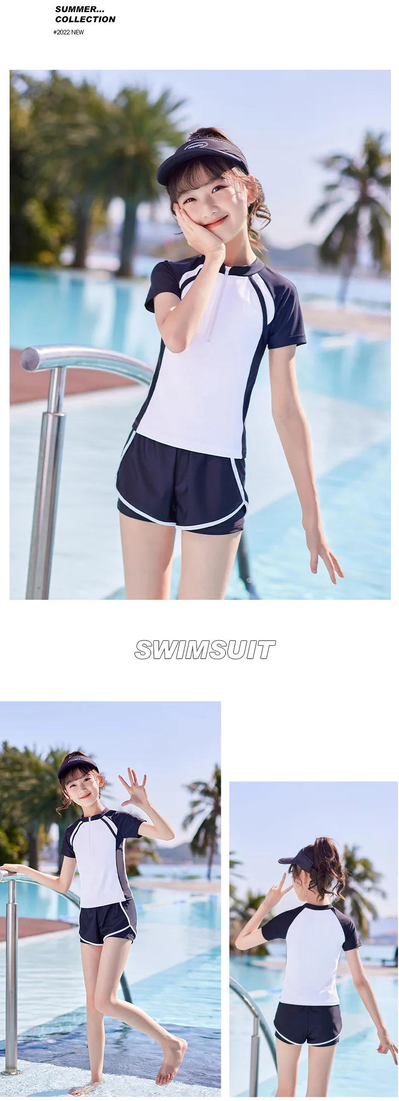 Description Picture 4 of itemDouble Layers Shorts Girls Swimwear Two-Pieces Suits Summer Beach Clothes L-5XL Kids Short-sleeve Swimsuit For Girl Pink, Black