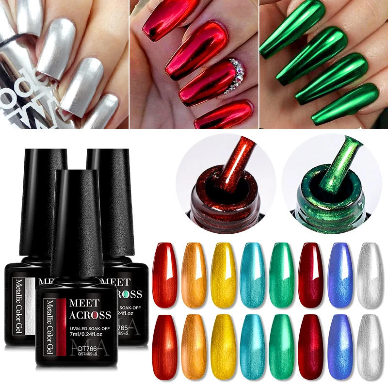 Description Picture 3 of itemMEET ACROSS 8 Colors Mirror Gel Nail Polish Long-lasting Quick-drying Metallic Gold Silver Red Semi Permanent Varnish Nail Art