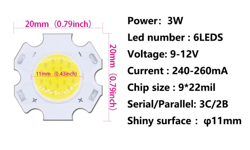 Description Picture 3 of item40pcs a lot 3W 5W 7W 10W 240-260mA LED Source Chip High Power LED COB Side 11mm For Bulb Spotlight Down light Lamps Cool white