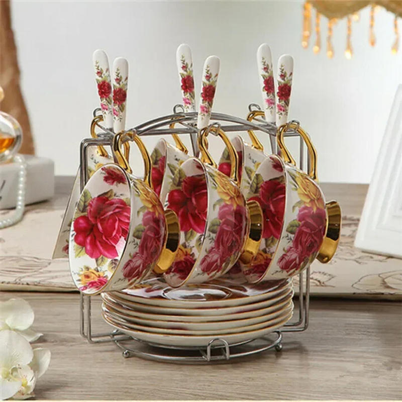 Description Picture 2 of itemRoyal Bone China Coffee Cup Set of 6 Pieces with Spoon and Metal Rack European Tea Ceramic Teaware Floral Pattern Drinkware