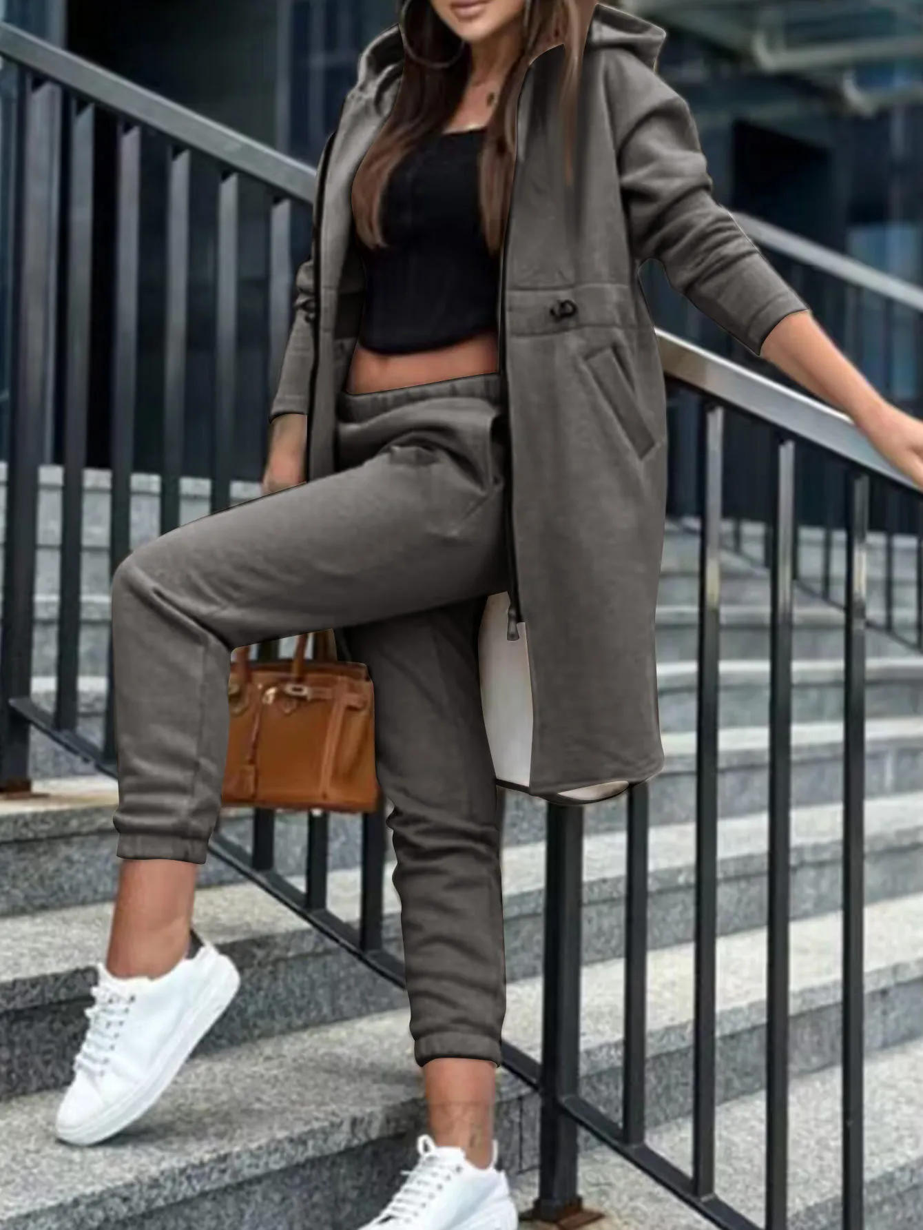 Description Picture 6 of itemPant Sets Women Hooded Zipper Long Coats Two Piece Suits Casual Straight Pants Thick Warm Coat Solid Sporty Autumn Winter