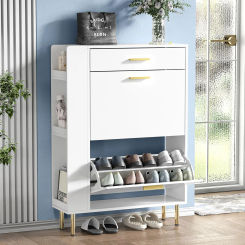 White Shoe Storage Cabinet with 2 Flip Drawers, Modern Freestanding Shoe Rack Storage Organizer Cabinet with Drawers Narrow