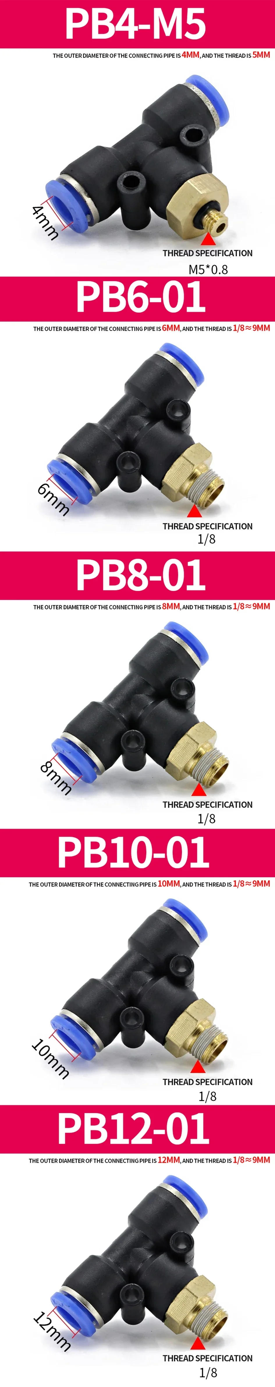 Description Picture 4 of itemPB Tee T type Pneumatic Fitting Quick Connector 6-12mm Hose Tube to 1/8 1/4 3/8 1/2 Thread Air Compressor Joint Coupler