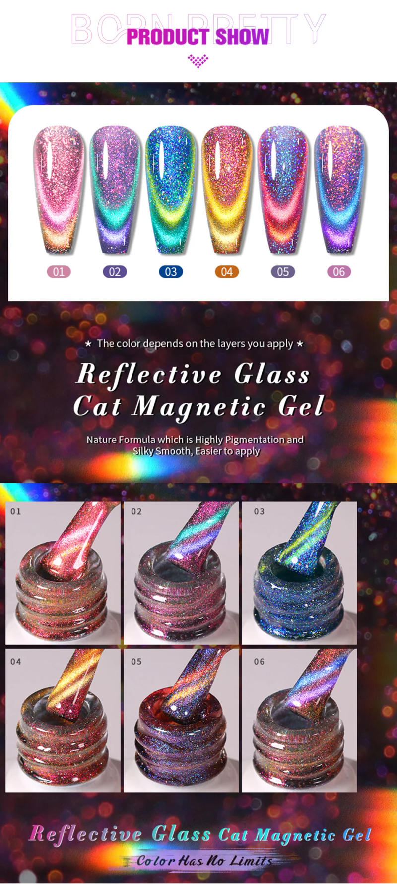 Description Picture 4 of itemBORN PRETTY 10ml Reflective Glass Cat Magnetic Gel Nail Polish Semi Permanent Soak Off UV Gel Nail Art Magnet Laser Gel