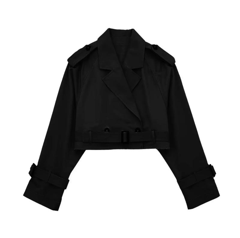 Description Picture 6 of itemTRAFZA Female Retro Cropped Windbreaker Lapel Double Breasted Belted Solid Color Long Sleeves Street Trendy Spring Trench Coats