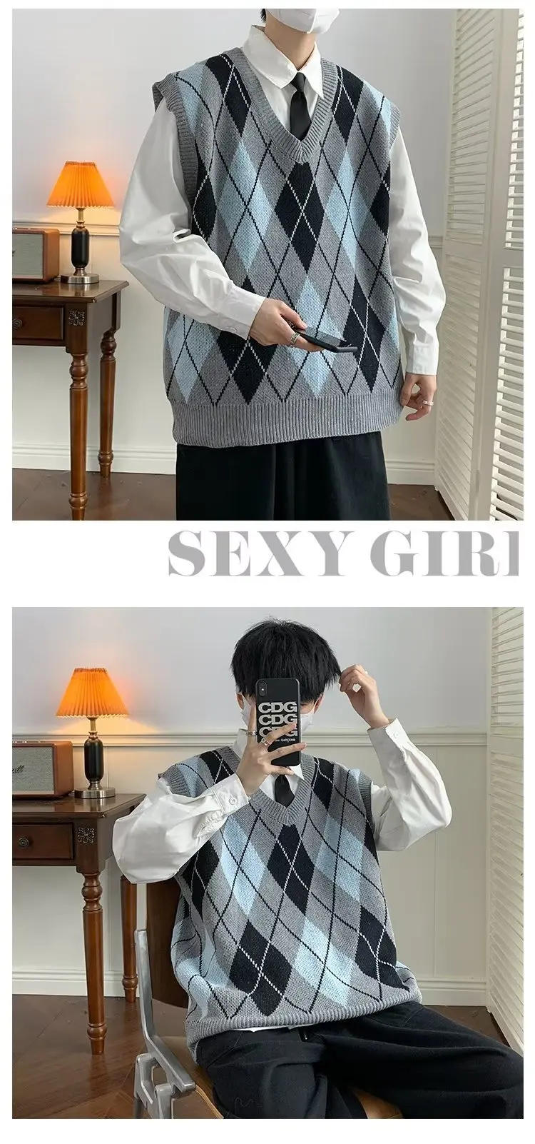 Description Picture 5 of itemSweater Vest Men Argyle Spring New Arrival Korean Style Trendy College V-neck Loose Knitting Handsome Harajuku Ropa Para Hombre