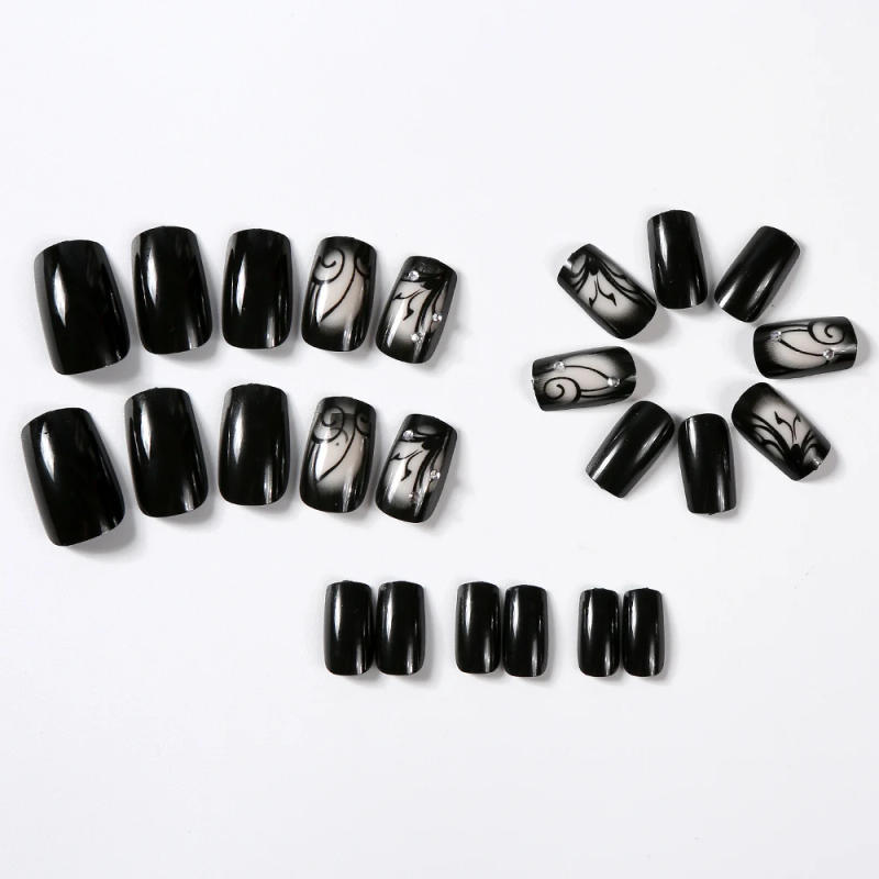 Description Picture 4 of item24pcs Glossy Black Flower Press on Nails with Rhinestones Wearable Short Square False Nails Finished Reusable Press on Nails