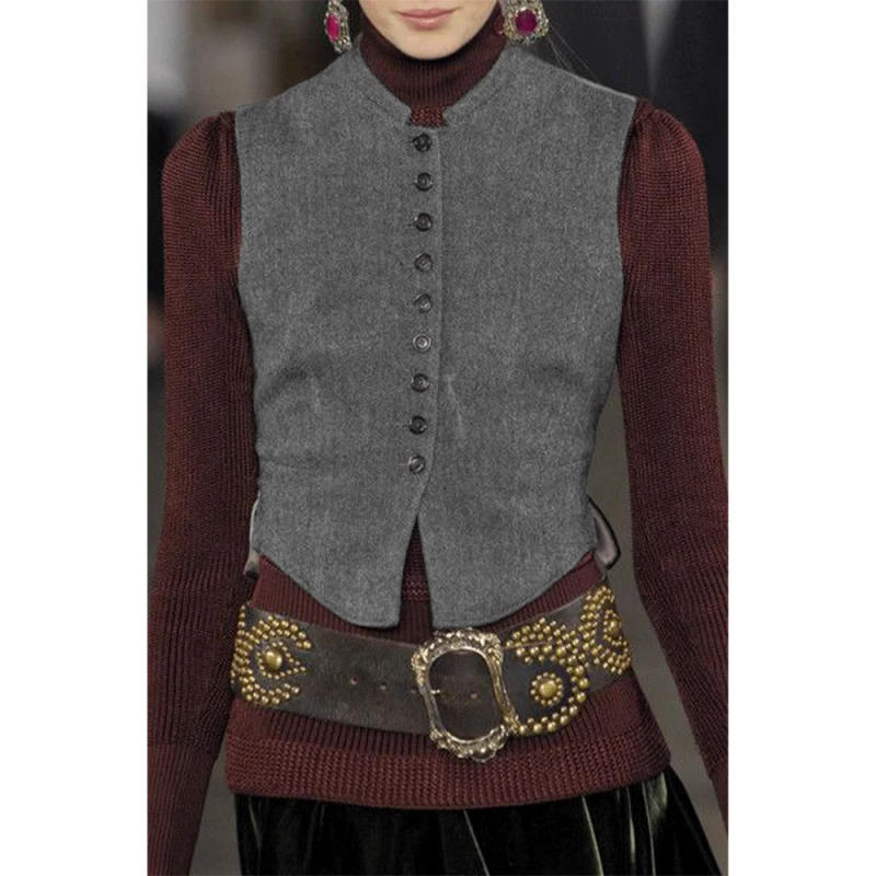 Description Picture 4 of itemHerringbone Tweed Women's Vests Top Vintage Standing Collar Suit Sleeveless Jacket Waistcoat Female Model Style Spring Autumn