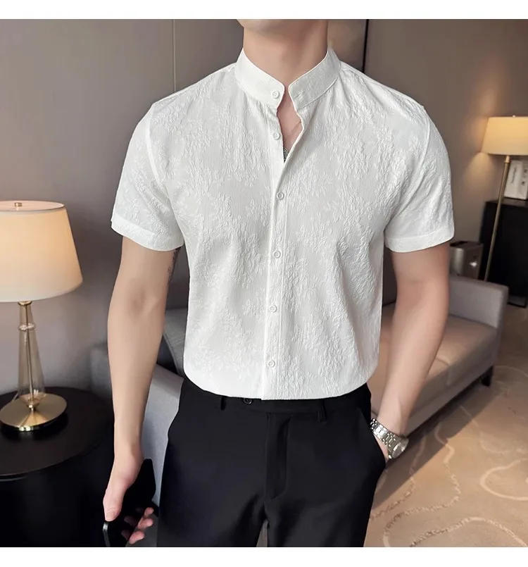 Description Picture 6 of item2024 Summer Short Sleeve Shirts Men's Slim Fit Casual Shirt Men Clothing Standing Collar Business Social Tuxedo Men Clothing