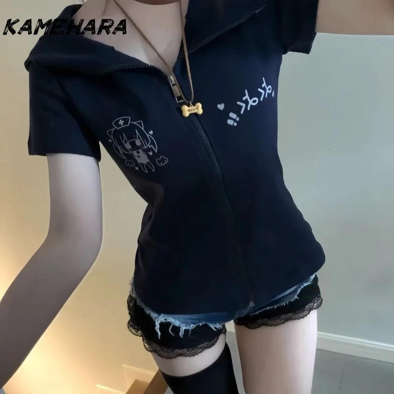 Description Picture 5 of itemKAMEHARA Japanese Spice Girl Slim Subculture Anime Hooded Long Sleeve Coat 2025 Spring Y2k Zipper Sweater Kawaii Crop Top Female