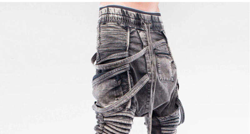 Description Picture 3 of itemRetro Heavy Industry Distressed Asymmetry Streamer Multiple Bag Casual Pants Men Dark Patchwork Overall Trousers