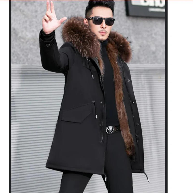 Description Picture 4 of itemMen Plush Coats Fox Hair Inner Liner Detachable Collar Long Fur Parkas Fur Jacket Tops Faux Fur Coat Loose Outerwear Thick Warm