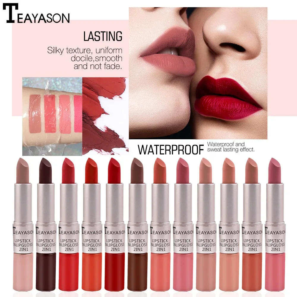 Description Picture 3 of item2 In 1 Double Head Lip Gloss Matte Velvet Sexy Red Tint Liquid Lipstick Waterproof Lasting Cosmetic Lip Gloss Makeup Cosmetics