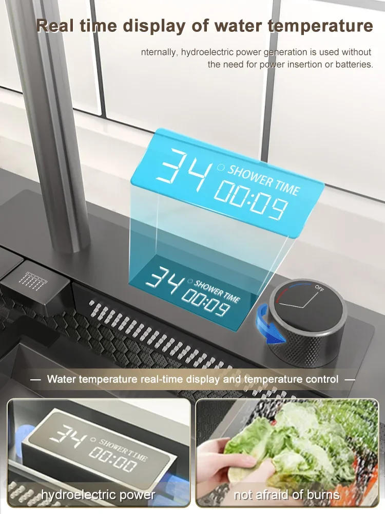 Description Picture 4 of itemDigital Display Waterfall Sink 304 Stainless Steel Kitchen Sink Embossed Washbasin With Waterfall Faucet For Kitchen Renovation