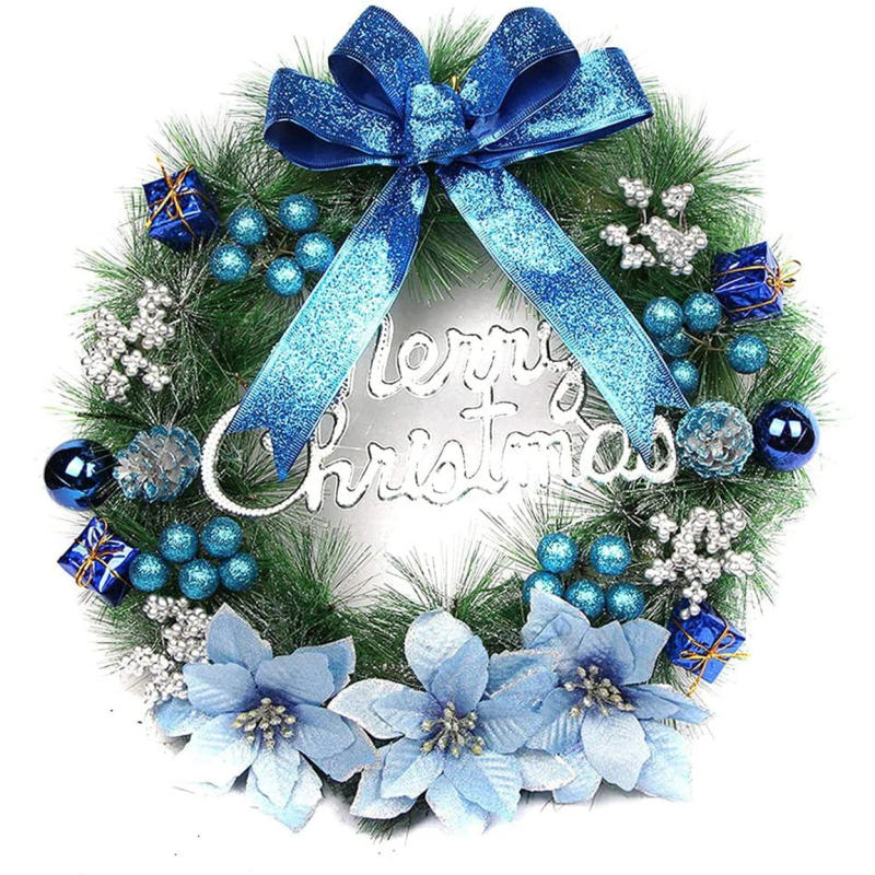 Description Picture 6 of itemBlue Christmas Wreaths for Front Door Winter Artificial Christmas Garland Decoration with Bow Flowers Ball for Christmas Decor