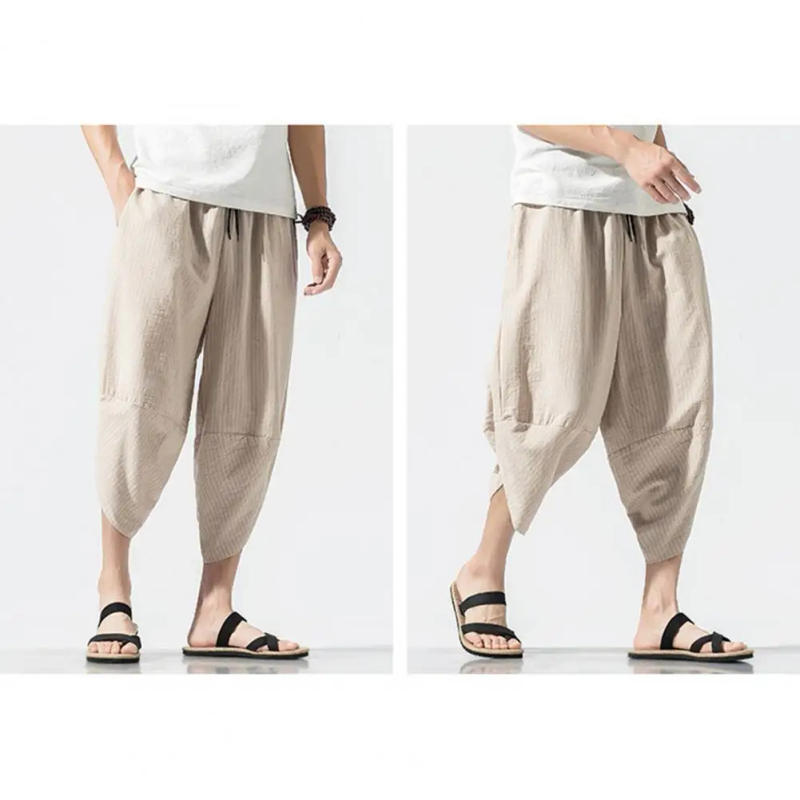 Description Picture 6 of itemLoose-fit Trousers Men's Summer Cropped Pants with Elastic Drawstring Waist Vertical Striped Print Harem Pants for Streetwear