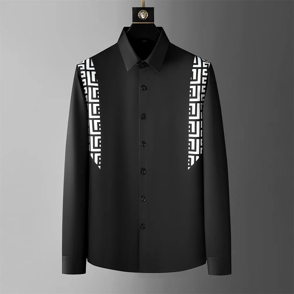Description Picture 5 of itemBrand Contrasting Print Shirts for Men Long Sleeve Slim Casual Business Dress Shirt Social Party Streetwear Tuxedo 2024 Spring