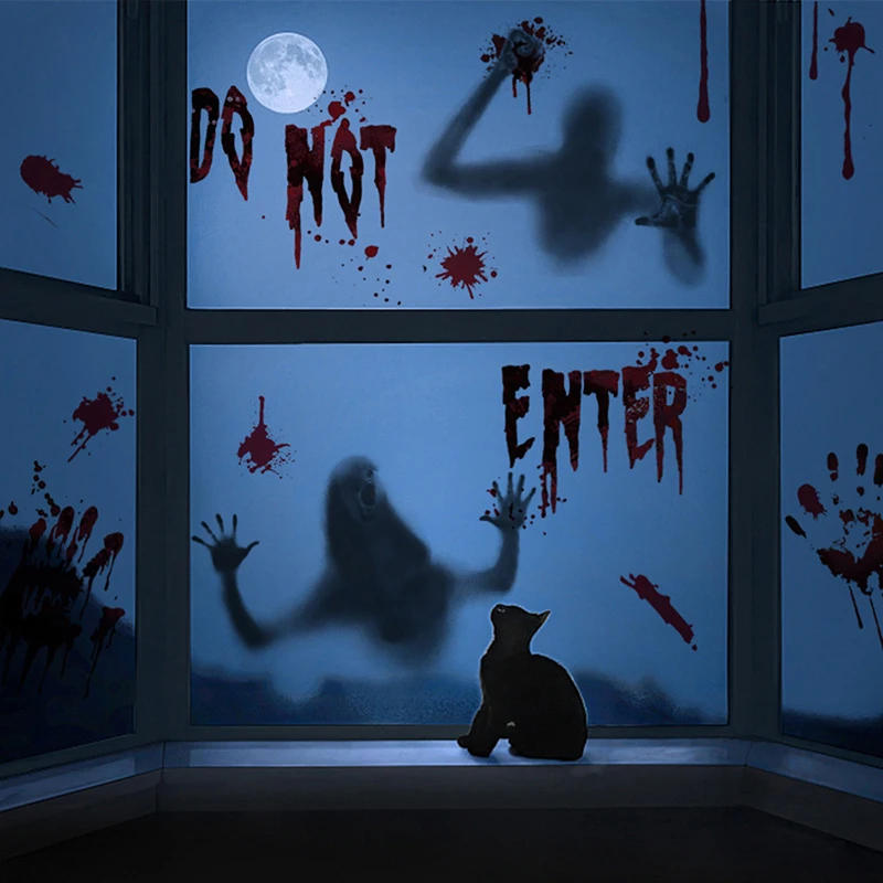 Description Picture 5 of itemHalloween Stickers Horror Blood Hand Print Door Stickers Window Bathroom Shadow Glass Female Ghost Wall Decal Halloween Decor