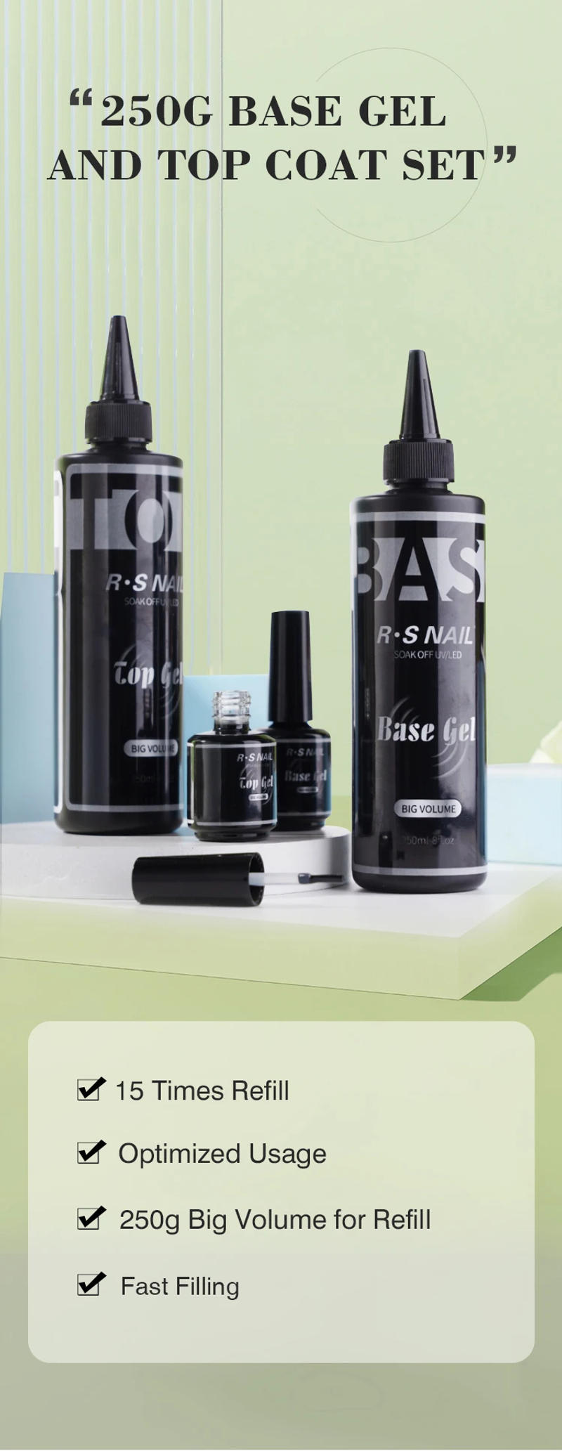 Description Picture 2 of itemRS NAIL 250ML Super Top Coat Base Coat 2PCS SET Nail Art Gel Polish UV/LED Sock off Without Sticky Layer Clear Top Gel Manicure