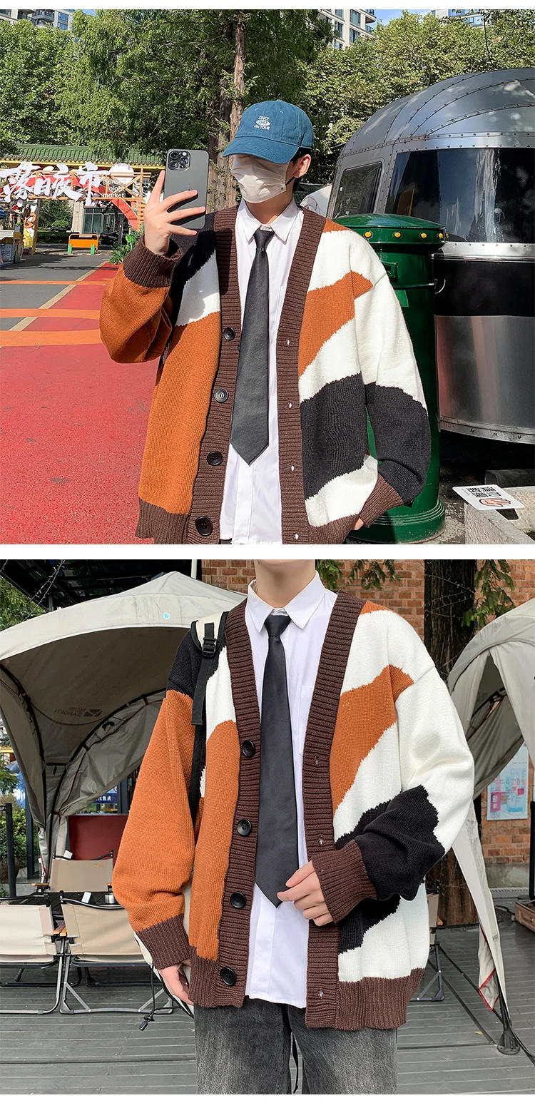 Description Picture 5 of item2024 Men Cardigan Autumn Male Outwear Mens Sweaters V-neck Retro Japanese Contrast Color Casual Oversized Loose Sweater Z53